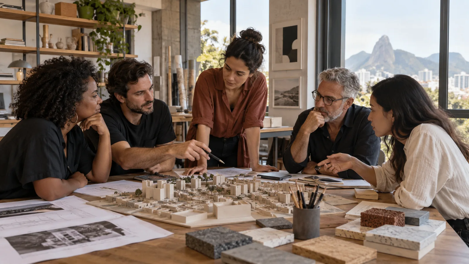 Cena ilustrativa de profissionais de diferentes áreas colaborando em um estúdio de arquitetura, cultura e urbanismo